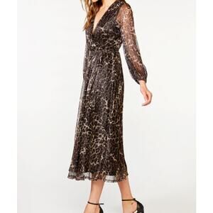 BARDOT NEW leopard pleat dress Plisse Style # 55986DB long sleeve Overlay MEDIUM